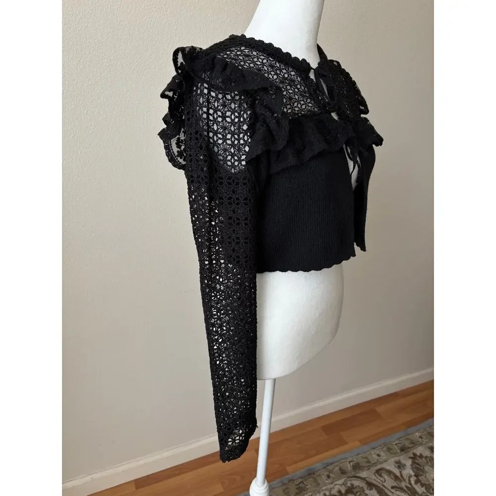 Zara Black Lace Tie Front Ruffle Cropped Combination Cardigan S